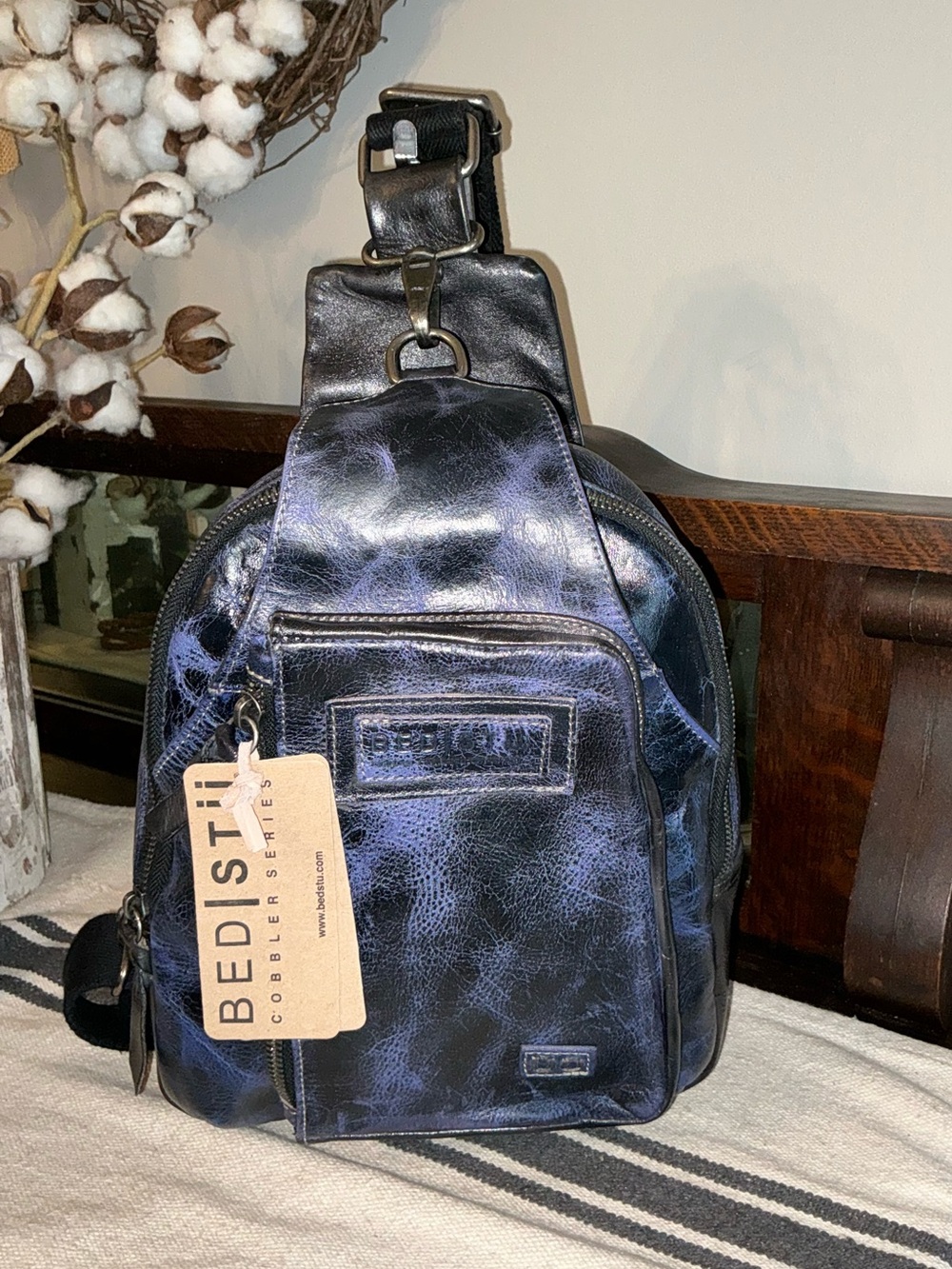 NWT Bed Stu Leather Beau Backpack Sling Bag Future Dusk Blue Black DE MSRP $260